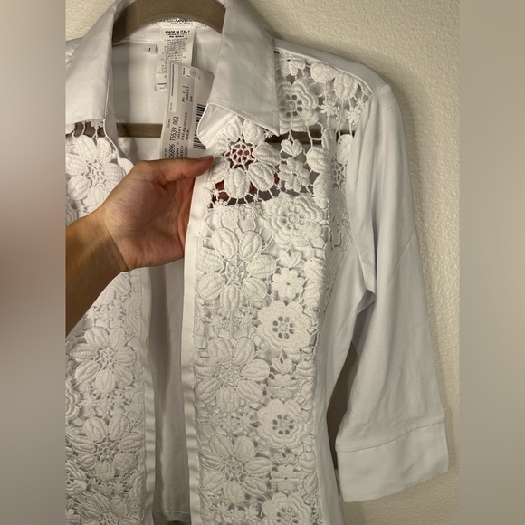 NaraCamicie | Italian Made White Zip Up 3/4 Sleeve Blouse - Picture 9 of 11